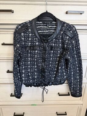 White House Black Market Black and White Tweed Jacket with Faux Leather Trim